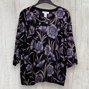 NWT REBECCA MALONE Black Blue Floral Rhinestone Lightweight Tunic Sweater 2X
